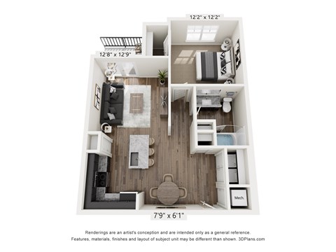 Floor plan for 1 bed, 1 bath, 776 sqft